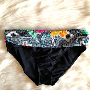 Black Bikini Brief with Tropical Print Waistband
